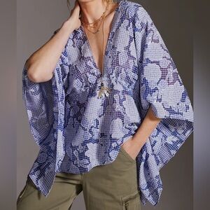 Anthropologie Tie-Front Blue and White Floral Gingham Caftan